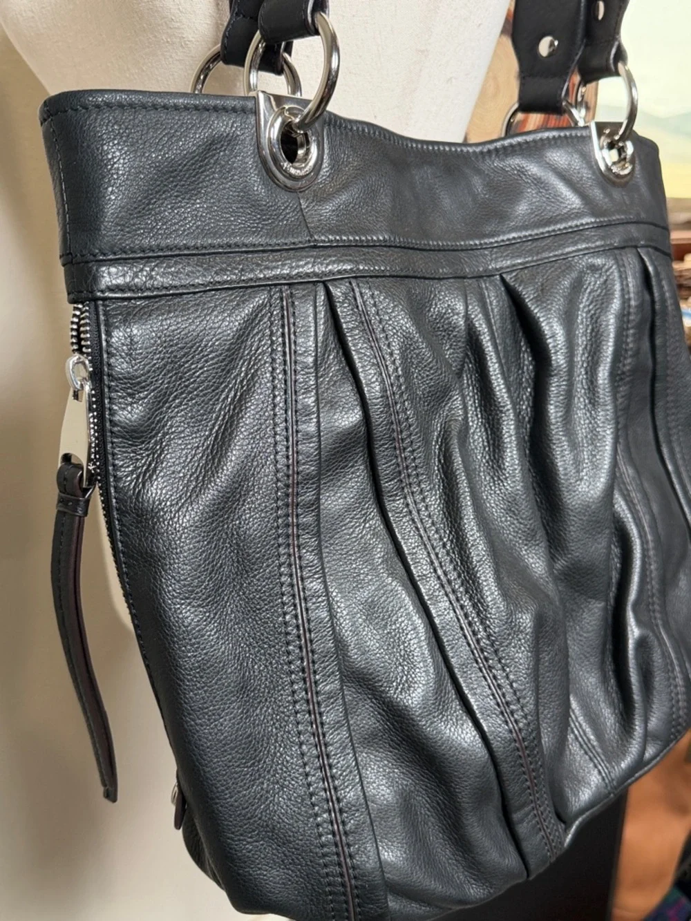 B. Makowsky Leather Hobo Shoulder Bag Black Silver Hardware Leopard Print Purse